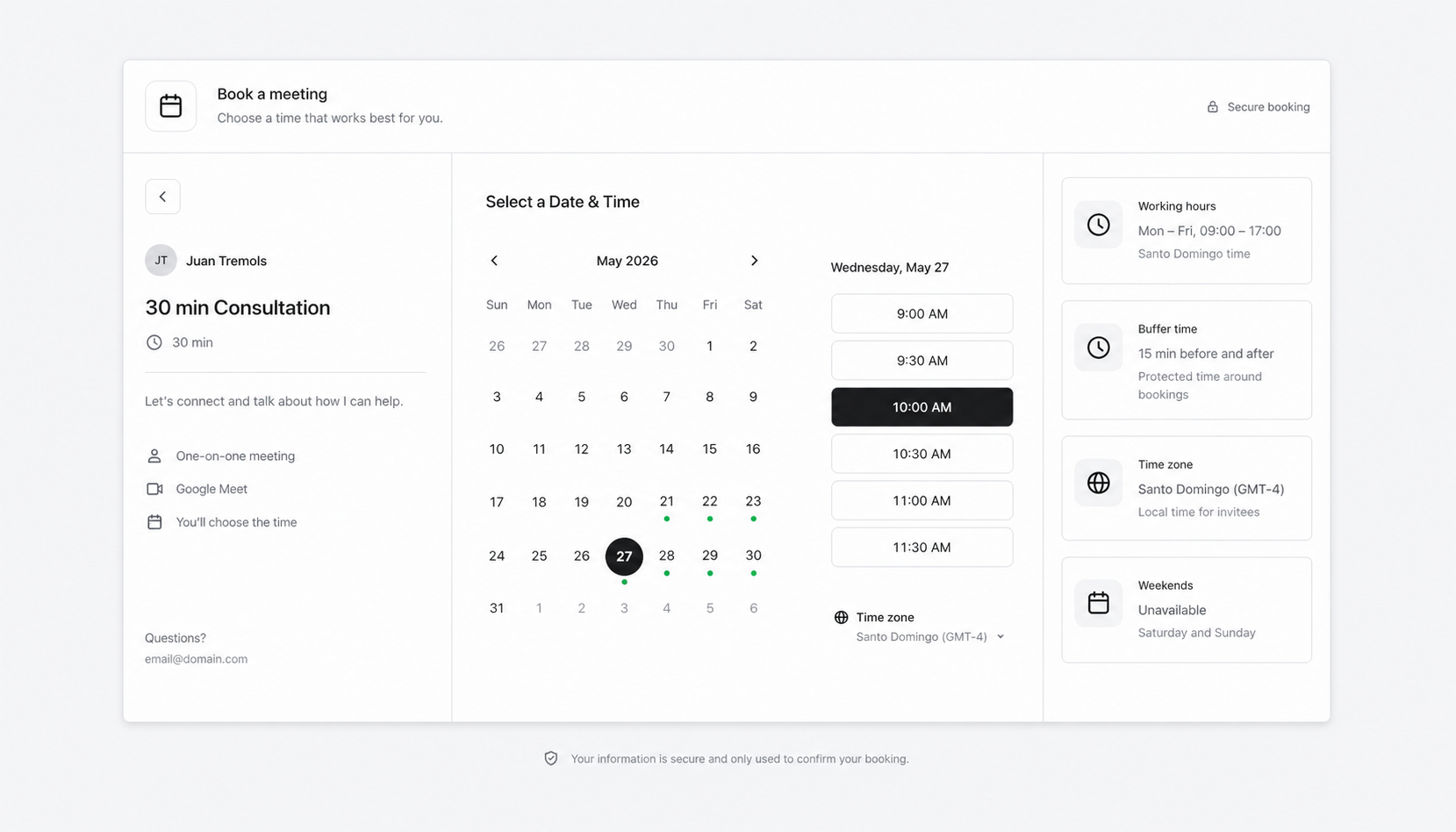 JT Scheduler booking page mockup with a date picker, time slots, and availability rules.