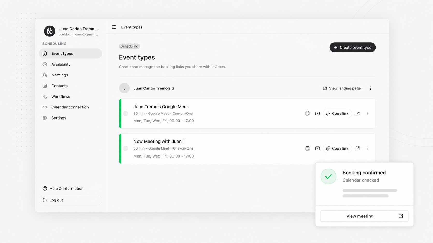 JT Scheduler dashboard mockup with event types, availability, booking slots, and email notifications.