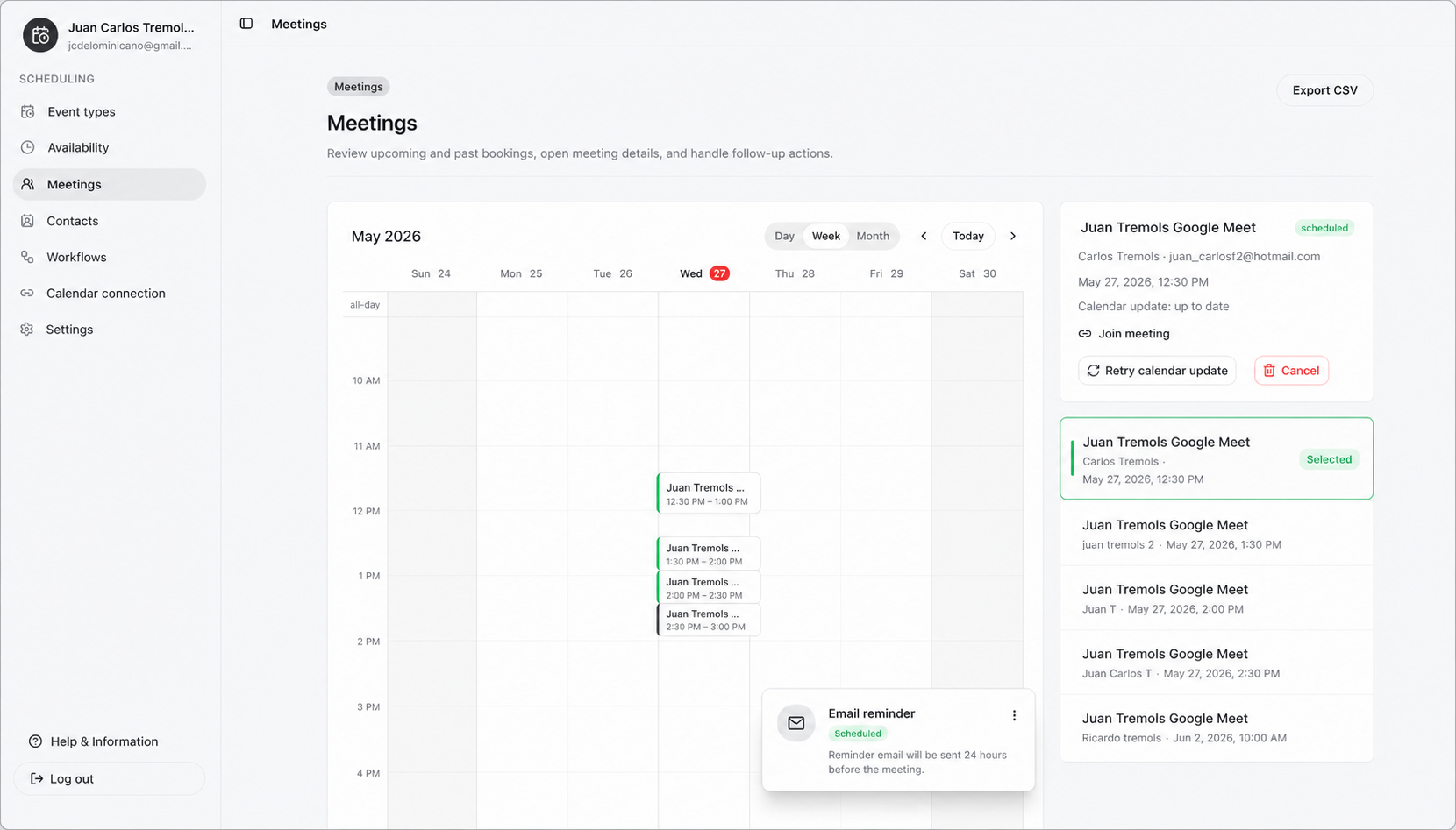JT Scheduler meetings page mockup with calendar grid, selected meeting details, and an email reminder card.